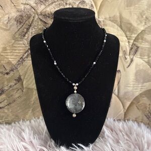 Onyx Beaded Necklace with Gray Stone Pendant